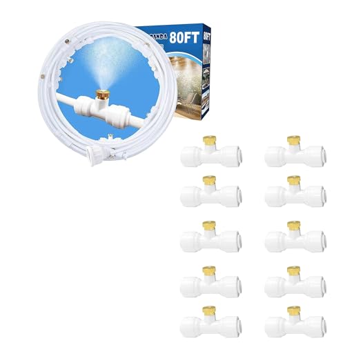 Misters for Outside Patio,Outdoor Water Misting Cooling System,80FT|24M+Tee Connector White 10PCS,Backyard Mist Kit for Garden,Greenhouse,Fan,Deck,Umbrella,Canopy,Pool,Porch.Trampoline Sprinkler Park