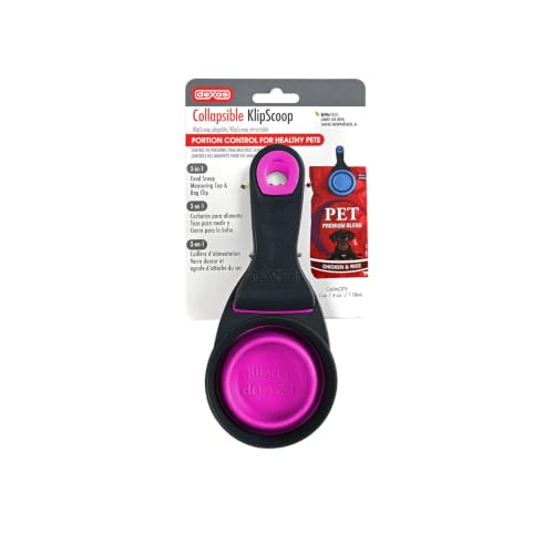 Dexas Popware for Pets Collapsible Klip Scoop, 3-in-1 Pet Food Scoop, Measuring Cup and Bag Clip, 1/2 Cup Capacity, Fuchsia - color: Fuchsia, size: 1/2 Cup Capacity