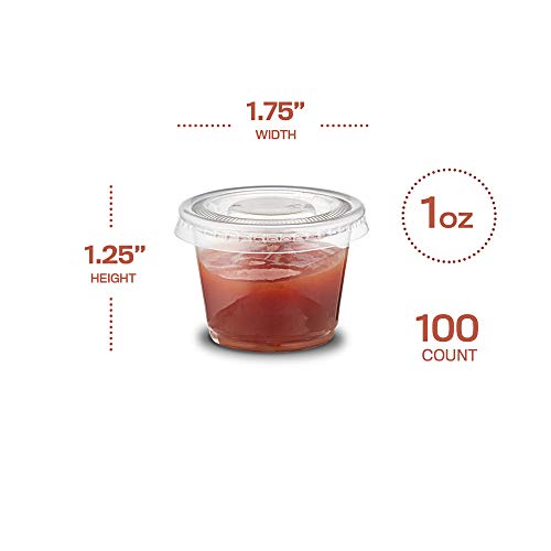 Small Plastic Containers with Lids, 1 Oz Portion Cups, 100 Sets | Mini jello shot & souffle sizes for sauce, dressing, condiments, dips, pills & sampling; airtight leakproof, stackable