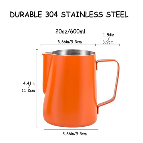600ml(20oz) Milk Frothing Pitcher, Stainless Steel Milk Steamer Cup Milk Frother Jug for Barista-Style Coffee - Espresso Cappuccino & Latte Art Pouring Jug with Heat Resistant Handle, Orange