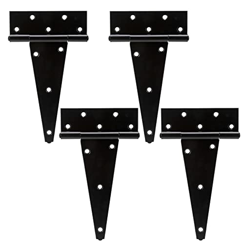 HILLMASTER 10 Inch T-Strap Heavy Duty Shed Door Hinges Gate Strap Hinges Black Tee Hinge Wrought Hardware for Wooden Fences,Yard,Barn Door,Rustproof (4 Pack) - size: 10in 4Pack