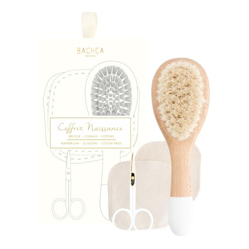 Bachca Baby Hair Brush Gift Box Super Soft Goat Hair Bristles Beechwood Handle & Cotton Pads Grooming Kit Toddler Perfect Baby Registry Gift for Newborns Haircare Baby Shower Essentials