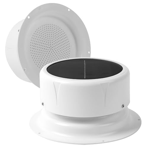 RV Solar Powered Ventilation Fan with Upgraded Larger Solar Panel Outdoor Solar-Powered Ceiling Vent Exhaust Fan with Built-in Mesh Screen for Camper, Trailer, Marine, Shed Ventilation - White