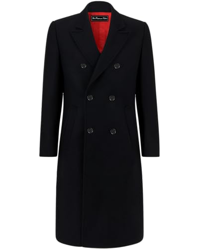Mens Black Wool Double Breasted Overcoat – Cashmere Long Winter Coat, Peak Lapel Topcoat - color: Black - Red Lining, size: 46