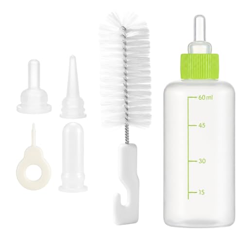 Pet Nursing Kit for Kittens Puppies, 1 Bottle with 4 Shaped Nipples | Syringe Clean Brush, Newborn Small Animal Feeding Set, Kitten Bottle Feeding Supplies(Round Pointed Cylindrical)