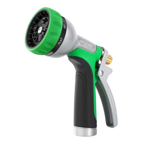 RESTMO Garden Hose Nozzle Heavy Duty, Rear Trigger Water Sprayer, Green | 7 Adjustable Spray Patterns, Durable Metal, Flow Control, Ideal for Plants & Lawns Watering, Cars & Pets Washing - color: Green