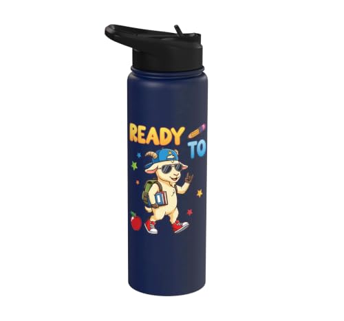 Ready To Learn Goat Student Back To School Kids Boy Girl Stainless Steel Insulated Water Bottle - color: Navy Blue