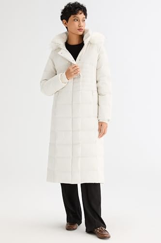 Orolay Women Warm Down Jacket with Hood Fur Long Puffer Coat Brown - color: White + White Fur Trim, size: Large