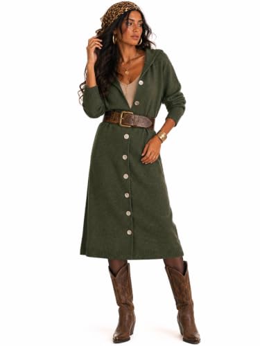 CiCiBird Womens Fall Long Cardigan Sweater Hooded Button Coat | Side Pockets, Loose Midi Length, Cozy Texture, Soft Lightweight Knit, Lounge To Outdoor Wear, Daily Layering, House Coat - color: C Armygreen, size: X-Large