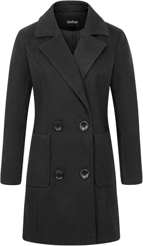 Women's Elegant Wool Blend Pea Coat Notched Lapel Double Breasted Winter Warm Mid Long Overcoat - color: Black, size: Small