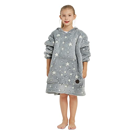 THREE POODLE Wearable Blanket Hoodie for Kids, Oversized Sherpa Sweatshirt Blanket with Giant Hood, Warm Cozy Hooded Blanket, Cute Gifts for Kids Girls Boys - color: Luminous Star, size: Kids