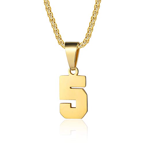 Number Necklaces Personalized Necklaces 18K Gold Plated Initial Number Pendant Stainless Steel Chain Sports Necklaces for Men Women - color: Gold, style: 5