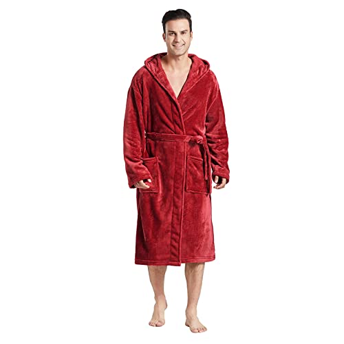 FashGudim Mens Hooded Robe Plush Shawl Collar Kimono Bathrobe Soft Warm Flannel Fleece Spa Robes House Coat Pajamas - color: Red, size: Small-Medium