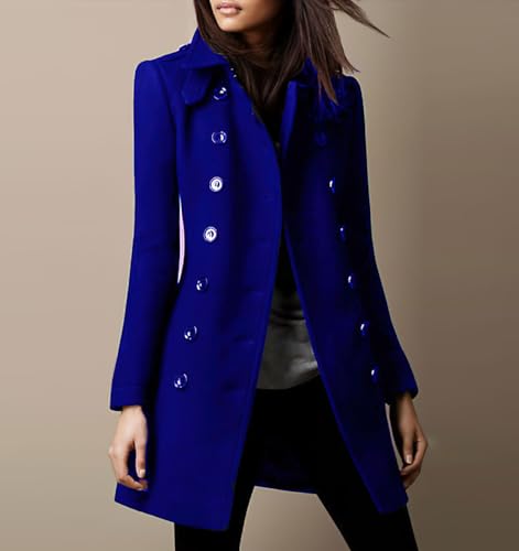 chouyatou Women's Winter Double Breasted Wool Coat Elegant Collared Wool Blend Trench Pea Coat - color: Blue, size: Small