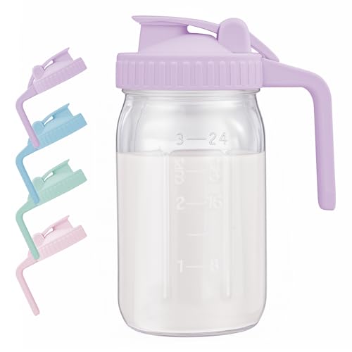 AoeJarry Breast Milk Pitcher with Leak Proof Flip Cap & Pour Spout, 32 oz Wide Mouth Mason Jars for Breast Milk Storage Container, Glass Picther with Lid for Cold Brew Coffee, Sun Tea, Juices, Purple - color: Purple