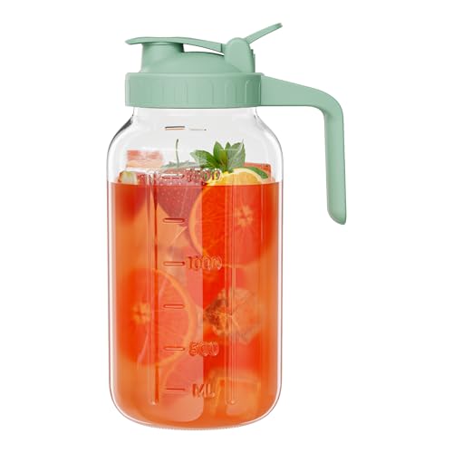 Glass Pitcher with lid, 64 oz Wide Mouth Mason Jar | Dual leak-proof lid, heavy duty glass design, pour spout and handle for cold brew coffee, sun tea and iced drinks - color: Green, size: 64 Ounces