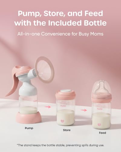 Nuliie 8010 Manual Breast Pump, Adjustable Suction with Temperature-Indicating Bottle, 6oz Wide-Neck Bottle, Narrow-Neck Adapter, Hand Pump Breastmilk with Flanges, BPA-Free, Heat Resistant
