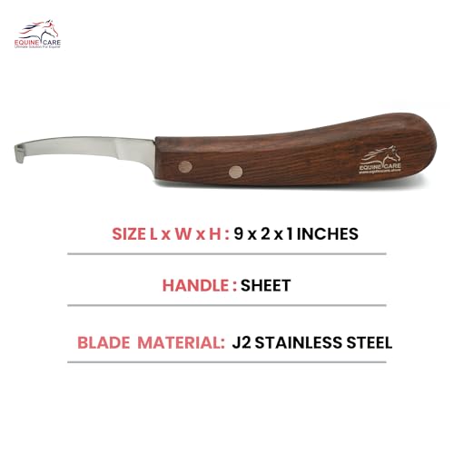 Equine Care Right-Handed Short Blade Hoof Knife for Horse Hoof Trimming | Short Farrier Hoof Knife: J2 stainless steel, compact curled tip and dual-riveted wood handle; right- or left-handed - style: Right Handed