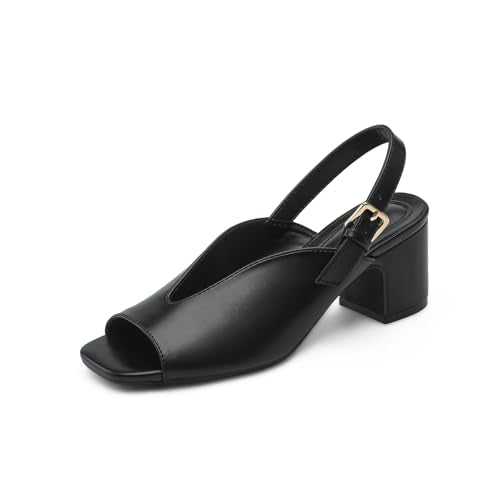 Women's Block Heel Sandals, 2.5 Inch Square Peep Toe V-Cut Slingback Dress Heels for Wedding Party Work Daily - color: Black, size: 10