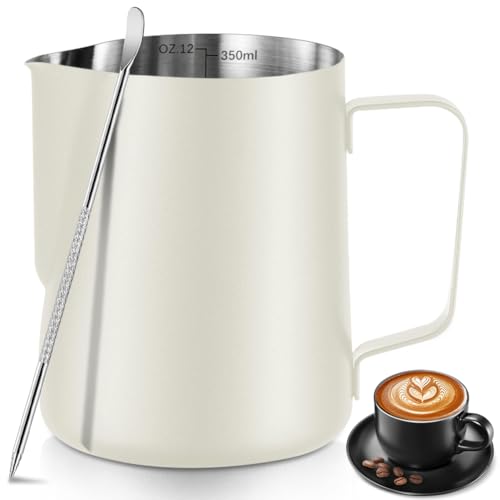 Milk Frothing Pitcher Stainless Milk Cup with Art Pen (White, 350, Milliliters) - color: White