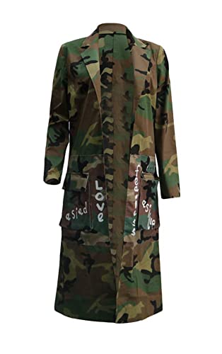 Vakkest Camo Blazer Jacket for Women Lapel Long Sleeve Open Front Cardigan Coat Classic Pockets Overcoat Outwear - color: Green, size: Small