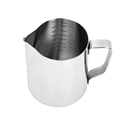 Milk Frothing Pitcher 20oz — Stainless Steel Latte Art Cup | 600ml capacity, internal measurement marks, and narrow pour spout for home espresso, cappuccino, and lattes.