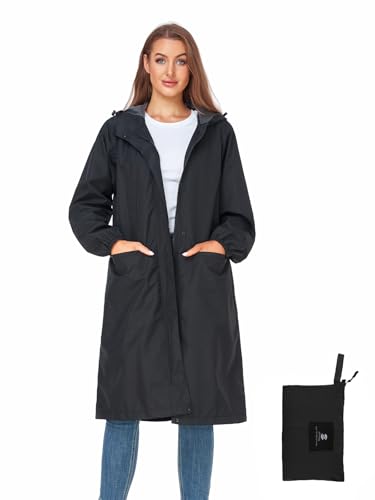 SaphiRose Women's Lightweight Packable Waterproof Long Rain Jacket | Raincoat, rain coat, windbreaker, with hood, knee-length, pack in bag, mesh lining, outdoor, camping, travel, walking dog - color: Black, size: Small