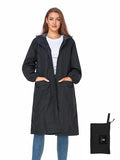 SaphiRose Women's Lightweight Packable Waterproof Long Rain Jacket | Raincoat, rain coat, windbreaker, with hood, knee-length, pack in bag, mesh lining, outdoor, camping, travel, walking dog - color: Black, size: Small