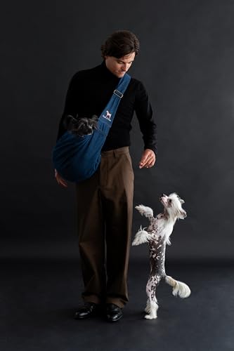 Noah & Paw Dog Sling Carrier for Small Dogs 5-18lb, Dog Sling for Small Dogs and Cats, Dog Carrier with Adjustable Padded Strap, Premium Denim, Lined with Fur, Double Safety Feature, Machine Washable - color: Dark Blue, size: 18.0"L x 10.0"W x 6.5"H