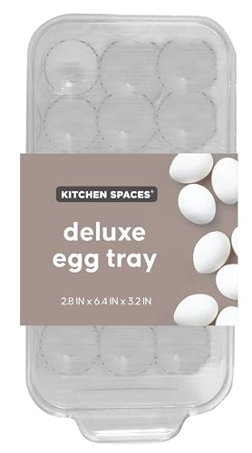Kitchen Spaces Deluxe Egg Tray, Holds 18 Eggs, Refrigerator Storage Container with Lid, Stackable Fridge Organizer, Crush-Proof, BPA-Free, Clear - style: Deluxe Egg Tray