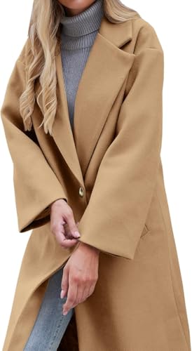 Women's Notch Lapel Single Breasted Pea Coat | Premium Wool Blend, Oversized Long Casual Overcoat with Pockets, Fall and Winter - color: Khaki, size: Small