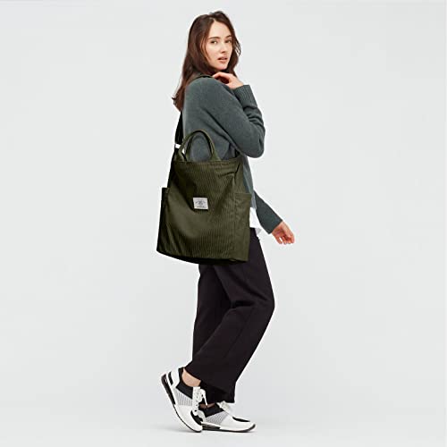 KALIDI Corduroy Tote Bag, Large Slouchy Hobo Messenger Crossbody Bag | Anti Splash Zipper Side Pockets Shoulder Bag Adjustable Strap Lightweight Casual Work Shopping Women - color: Army Green
