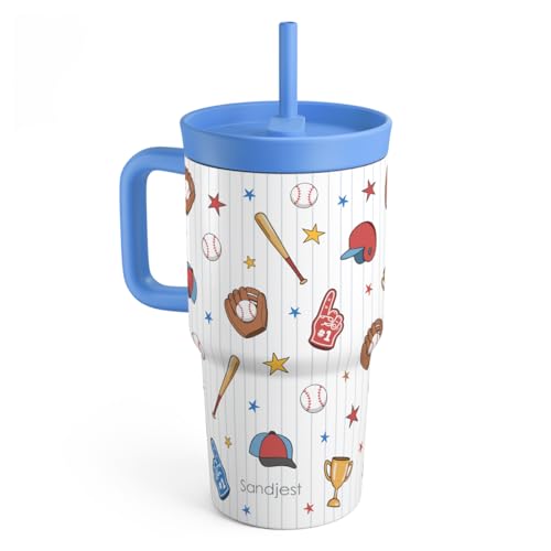 SANDJEST Baseball Stainless Steel Tumbler 20oz with Handle and Silicone Straw Locking Lid for Kids Boys Girls, Birthday Christmas Back to School - color: Baseball