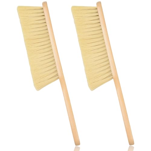 2 Pieces Woooden Dust Brush Hand Broom Bench Brush with Long Wood Handle Whisk Broom Soft Bristle Brush for Counter Bed Sofa Car Fireplace Clothes Household Cleaning - color: Khaki