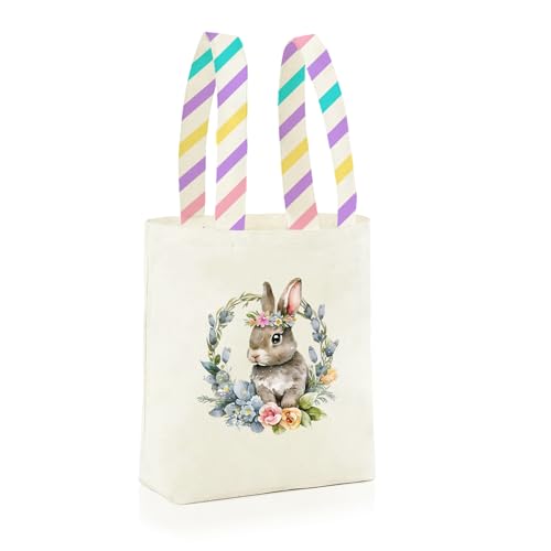 Easter Basket Bunny Canvas Tote Bag, 12.2x11 Inches, Natural Canvas, Hand-Carry, for Gift and Easter Egg Collection - color: C-bunny