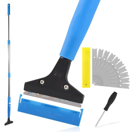 Heavy Duty Floor Scraper, 4" Wide Razor Blade Scraper Tool with 48" Long Handle, 10PCS Extra Metal Blades for Cleaning Wall Glass Floor Paint Gum Stains Stickers Linoleum Stove Top