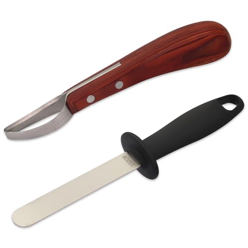 Hoof Knife with Sharpener Double-Ended Farrier Hoof Trimmer with Wooden Handle for Horses, Cows & Farm Livestock