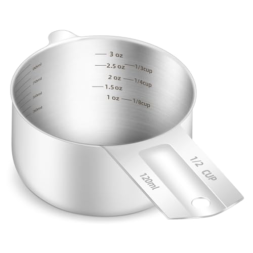 1PCS 1/2Cup (120ml, 4oz) Measuring Cup, Etched Inner Scale Measure Scoop | 18/8(304) Food-Grade Stainless Steel, Seamless One-Piece design, Metric and US Measurement, ‌Rust-Free, Dishwasher-Safe - size: 1/2Cup