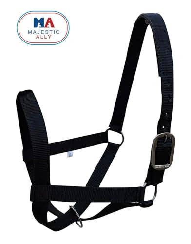 Majestic Ally Adjustable Nylon Cattle Halter with Padded Crown and Nose - 6-Month Warranty - color: Black