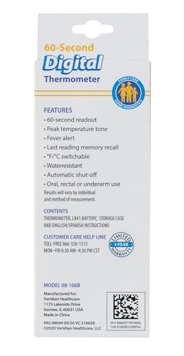 Veridian 60-Second Digital Thermometer with Rigid Tip | Oral, Rectal & Underarm Thermometer, Fever Alert at 100.0°F, Memory Recall, Water-Resistant, Storage Case