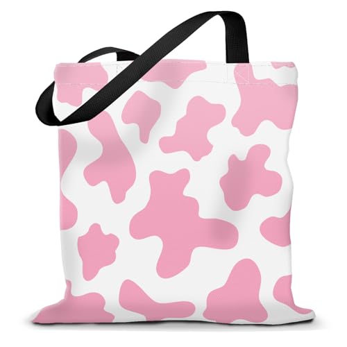 Canvas Tote Bag for Women，Cute Heavy-Duty Shoulder Bag with Zipper Pocket -Travel Tote for Grocery, Gym,Shopping - color: Pink Cowhide