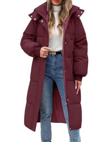 Women Long Puffer Coat Winter Warm Hooded Jacket Long Sleeve Parka Full Length Down Coats With Zip - color: Fuchsia, size: Medium