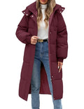 Women Long Puffer Coat Winter Warm Hooded Jacket Long Sleeve Parka Full Length Down Coats With Zip - color: Fuchsia, size: Medium