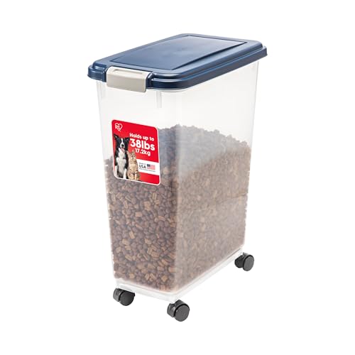IRIS USA Dog Food Storage Container, Up to 38 lbs, Navy, Made in USA | Wheels for Mobility, Airtight Seal, BPA-Free, Best for Bird Seed, Cat food, Cat Litter, Chicken Feed, Pellets - color: Navy, size: 38 lbs