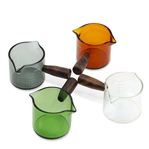 Amber 3.5oz Espresso Shot Glass Double Spouts with American Walnut Handle, Double Spout Glass Measuring Cup, Milk Frothing Pitcher - color: Amber