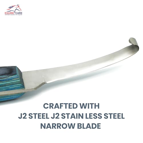 Left-Handed Narrow Farrier Hoof Knife, Horses, Ponies, Minis | Narrow hoof knife for detail trimming; J2 stainless steel blade; smooth blue layered handle; right- or left-handed - style: Left-Handed
