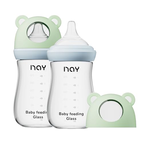 yanyoyo Natural Glass Baby Bottle for Breastfeeding Babies, 8oz Anti-Colic Baby Bottle with Natural Response Nipple(M), Clear, Wide Neck, 2 Pack, 3 Months+ - color: Green, size: 8 Ounce (Pack of 2)
