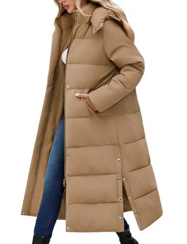 UMIPUBO Women's Long Maxi Down Coat Winter Puffer Jacket | Extra-long,Water Repellent,Side pocket,Faux Fur Removable Hood,Full-Zip,Warm Padded Outerwear - color: Khaki, size: X-Large