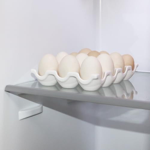 Ceramic Egg Holder 12 Cups Dozen Egg Tray Container for Fridge & Countertop | White, Polished Surface, with Non-Slip Base | Porcelain Holder for Eggs for Refrigerator