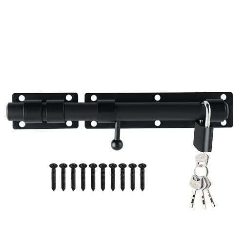 Alise 10 inch Barrel Bolt Latch,Black Heavy Duty Slide Lock for Barn Door | SUS304 Stainless Steel Padlock-Style Slide Bolt Latch,Security Gate Latch for Wooden Fence,Outdoor Door(Includes a door lock) - color: Black, size: 10 inch-lock set